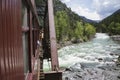 The Durango and Silverton Narrow Gauge Railroad Steam Engine travels along Animas River, Colorado, USA