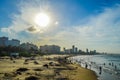 Durban golden mile beach with white sand and skyline South Africa