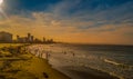 Durban golden mile beach with white sand and skyline South Africa during sunset and golden hour