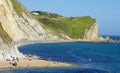 Durdle Door, one of the Jurassic Coast`s most iconic landscapes during summer season