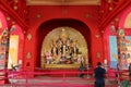 Durga devi Puja pandal with idol of goddess Durga during Hindu festival of Navratri at Bengal.