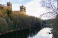 Durham Castle and Cathedral and flying gulls over the River Wear, England, UK Royalty Free Stock Photo