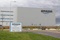 Amazon warehouse for shipping of online purchases. Exterior of building showing sign