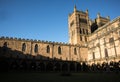 Medieval stone cathedral with cloisters. Exterior facade view. Durham Cathedral World Heritage Site