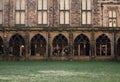 Medieval stone cathedral cloisters. Exterior facade view. Durham Cathedral World Heritage Site