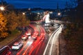 Durham cityscape in evening with car light trails in the street. Long exposure.