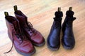 Dirty Dr Martens boots. Leather shoes, Dr. Martens, dirty and muddy. Vintage, classic, punk, fashion design.