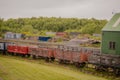 Durham UK: June 2022: Tanfield Railway Station train tracks and vintage freight train carriages