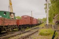 Durham UK: June 2022: Tanfield Railway Station train tracks and vintage freight train carriages