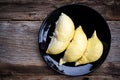 Durian on Black plate. Top view. Tropical fruit. King of fruit.