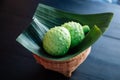 Durian buns in shape of durian served on banana leaf