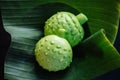 Durian buns in shape of durian served on banana leaf