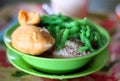 Durian Cendol,an iced sweet dessert that contains droplets of green rice flour jelly