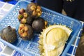 Durian fruit peeling and Mangosteens for people eat Royalty Free Stock Photo