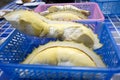 Durian fruit peeling for people eat in fruits buffet festival Royalty Free Stock Photo