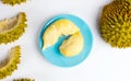 Durian fruit piece on blue plate Royalty Free Stock Photo