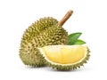 Durian fruit with slices and leaves Royalty Free Stock Photo