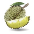 Durian fruit with slices and leaves isolated on white background. Royalty Free Stock Photo