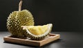 Durian fruit in wooden tray on black background. Durian is king of fruits. AI Generated Royalty Free Stock Photo