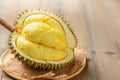 Durian Kan yao or Durio zibthinus Murray on wood plate. King of fruits of Thailand