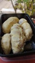 Durian is a kind of Indonesian fruit. Durian that has been peeled and packaged in food boxes. typical Indonesian fruit.