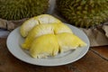 Durian the King of Fruits on White Plate, Ripe and Fresh Golden Durian with Tasty Sweet Fruit
