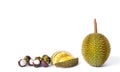 Durian and mangosteens as a king and a queen of fruit in Thailand. Royalty Free Stock Photo