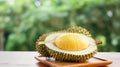 durian musang king fruit, on wooden table background. Generative Ai