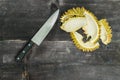 Durian peel on black wood background abstract Royalty Free Stock Photo