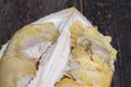 Durian peeled ripe close up, King of fruit Thailand on the wood