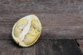 Durian peeled ripe close up, King of fruit Thailand on the wood