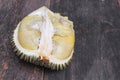 Durian peeled ripe close up, King of fruit on the wood