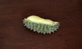 Durian peeled on the wooden table, one piece. Durian is an oval spiny tropical fruit.