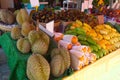 Durian, rambutan, mangosteen, longan fruits are sold at a bazaar in Thailand. Travel. Asia. Healthy diet Royalty Free Stock Photo