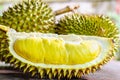 Durian riped and fresh ,durian peel with yellow colour on wooden