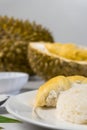 Durian sticky rice with pandan leaves, sugar and coconut milk against blurry durian fruits background. selective focus