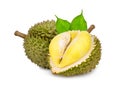 Durian tropical fruit with green leaf isolated on white