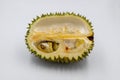 Durian tropical fruit on white background. King of fruits. Durian half cut with seed. Exotic fruit studio photo.