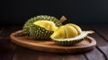 Durian on wood plate,It is the most expensive and most delicious of all durians. Rare durian in Uttaradit, Thailand. Generative AI