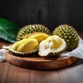 Durian on wood plate,It is the most expensive and most delicious of all durians. Rare durian in Uttaradit, Thailand. Generative AI