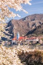 Durnstein village during spring time with Danube river in Wachau, Austria