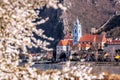 Durnstein village during spring time with Danube river in Wachau, Austria