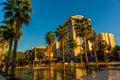 DURRES, ALBANIA: Central square with fountain and palm trees in Durres.