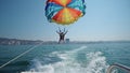Tourists prepare for take off from boat at parasailing