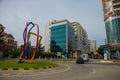 DURRES, ALBANIA: Colorfully decorated apartment building in Durres.