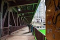 DuSable Bridge with green reflection off of Chicago River, which was dyed for St. Patrick`s Day