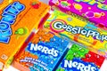 Different kinds of American sweet candies (Gobstopper, Spree, Runts, Nerds) packs Royalty Free Stock Photo