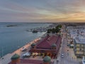 Dusk aerial cityscape in Olhao, Algarve fishing village view of ancient neighbourhood and its traditional cubist architecture.