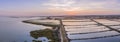 Dusk aerial panoramic seascape view of Olhao salt marsh Inlet. Royalty Free Stock Photo