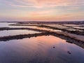 Dusk aerial seascape view of Olhao salt marsh Inlet, waterfront to Ria Formosa natural park. Algarve. Royalty Free Stock Photo